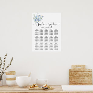 Póster Flores y Hojas Acuarela Azul Polvoriento Rústico