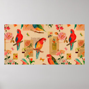 Póster Flores y loros de colores