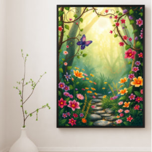 Póster Flores y mariposa en una selva tropical encantada