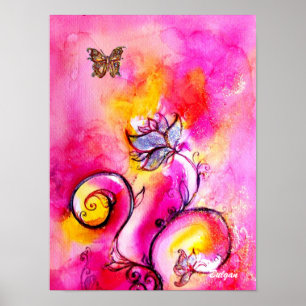 Póster FLORES Y MARIPOSAS CAPRICHOSAS rosa amarillo azul