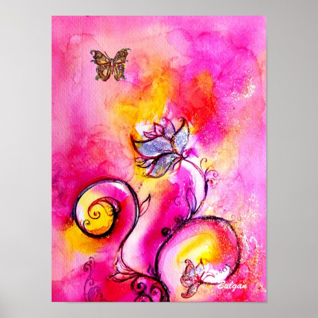 Póster FLORES Y MARIPOSAS CAPRICHOSAS rosa amarillo azul (Frente)