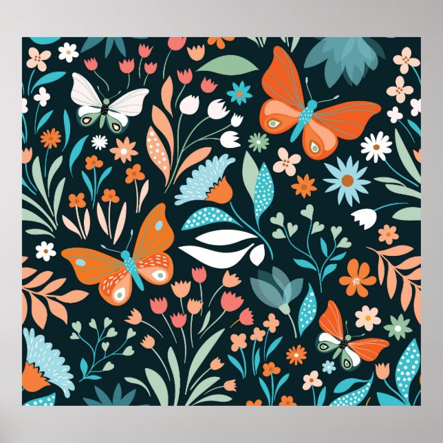 Póster Flores y mariposas, patatas sin costura decorativa (Frente)