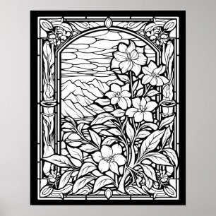 Póster Flores y Montañas Vidrio Manchado Colores