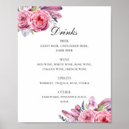 Póster Flores y plumas rosadas Boho bar de bebidas bodas