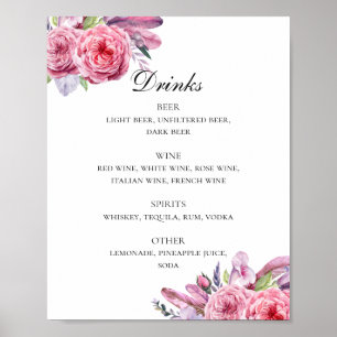 Póster Flores y plumas rosadas Boho bar de bebidas bodas