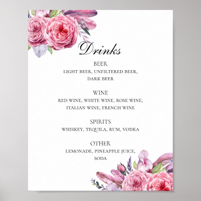 Póster Flores y plumas rosadas Boho bar de bebidas bodas (Frente)