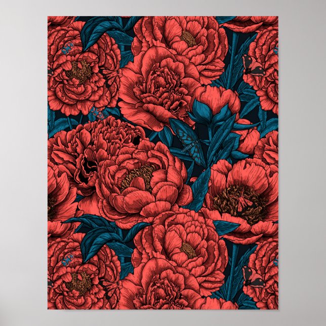 Póster Flores y polillas de peonía roja (Frente)