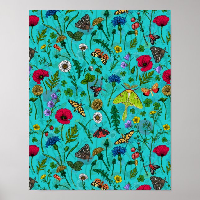 Póster Flores y polillas silvestres en verde azulado (Frente)
