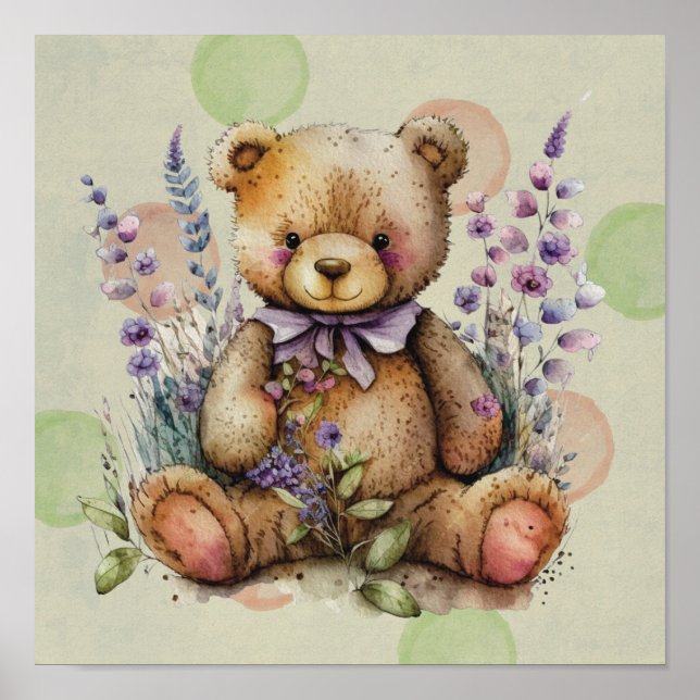 Póster Flores Y Polkadots De Lavanda De Oso Marrón (Frente)