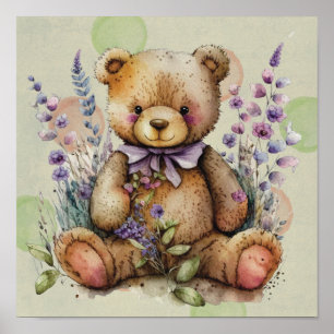 Póster Flores Y Polkadots De Lavanda De Oso Marrón