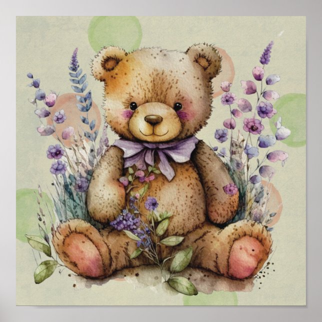 Póster Flores Y Polkadots De Lavanda De Oso Marrón (Frente)