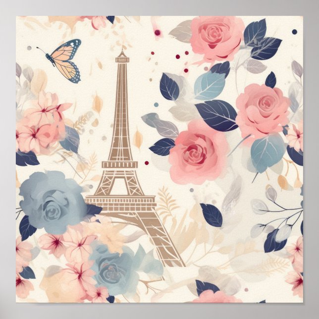 Póster Flores y Torre Eiffel Modelo de Viaje de París (Frente)