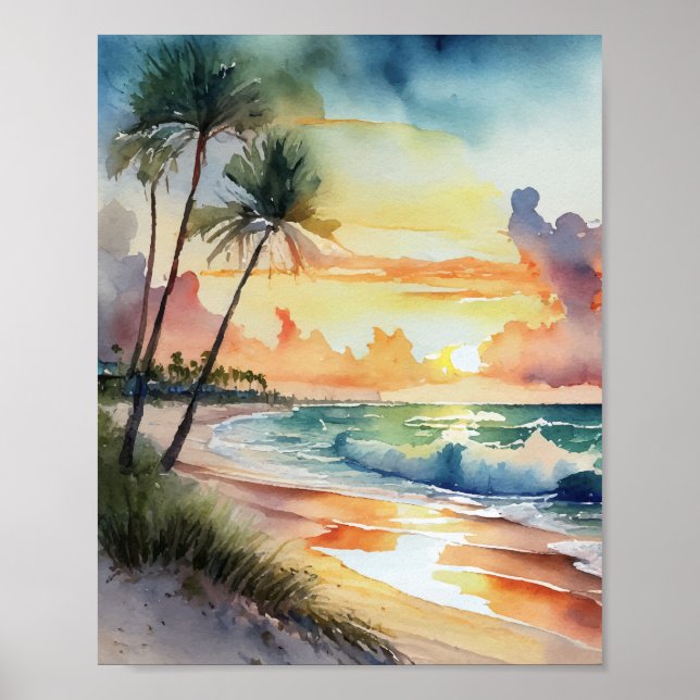 Póster Florida Beach Sunset Watercolor (Frente)
