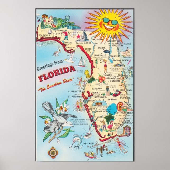Póster FLORIDA EE. UU., Mapa de bienvenida (Frente)