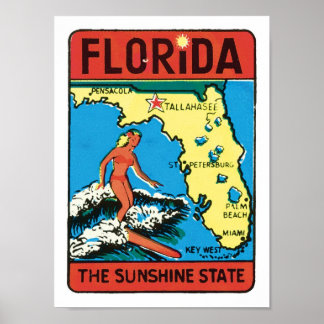Póster Florida FL USA El Surfista Vintage Estatal Sunshin