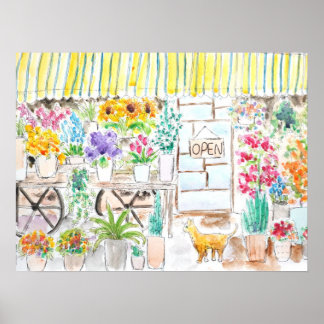 Póster floristería y tinta de gato y acuarela