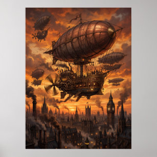 Póster Flota de Dirigibles Steampunk Ciudad Victoriana At
