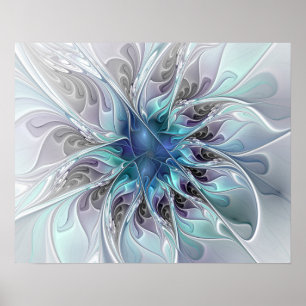 Póster Flourish Abstract Modern Fractal Flower With Blue