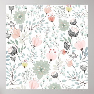 Póster Flower and leaf pattern in tropical green and pink