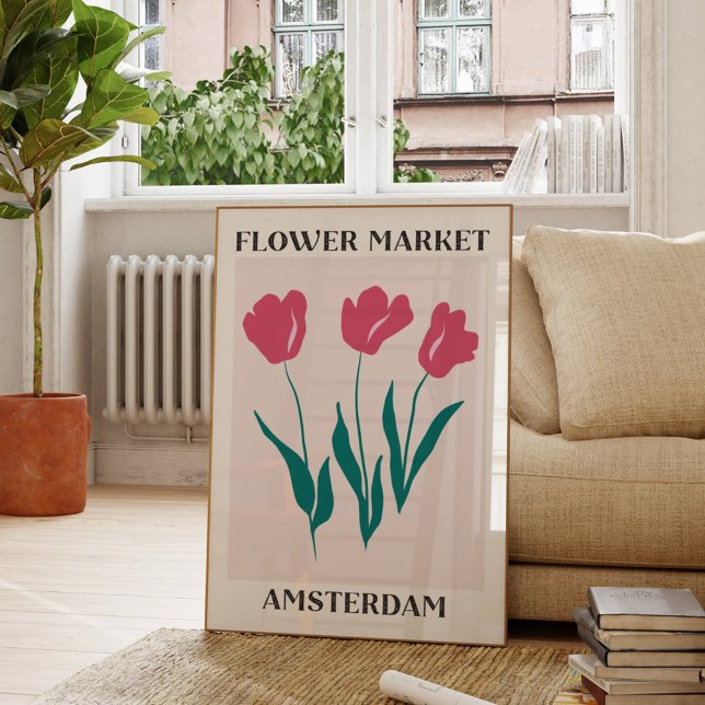 Póster Flower Market Amsterdam Pink Tulips Floral (In situ Living room)