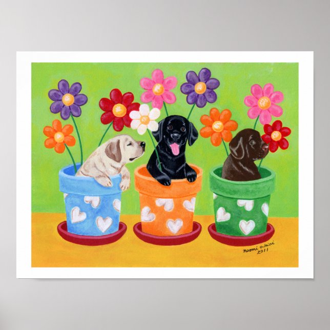 Póster Flower Pot Labrador Puppies Artwork (Frente)