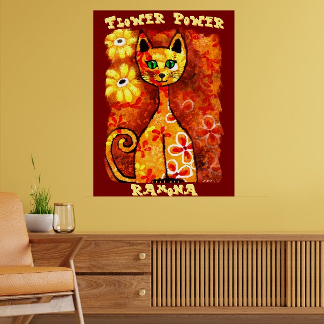 Póster Flower Power Retro Whimsical Cat Personalized (Salón 2)