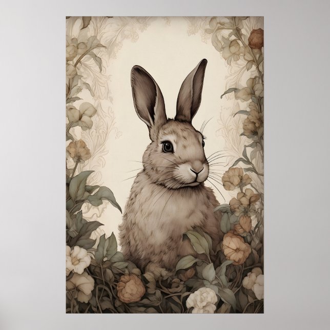 Póster Flower Rabbit Bunny Print, Rustic Hare Cottagecore (Frente)