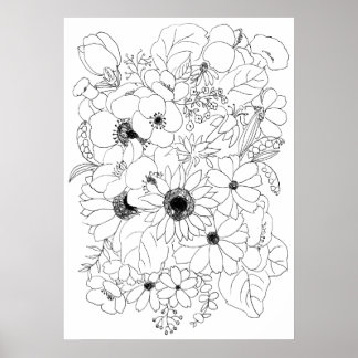 Póster flowers arrangement line drawing