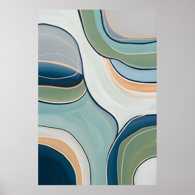 Póster Flowing Green and Blue Curves Abstract Art Print (Frente)