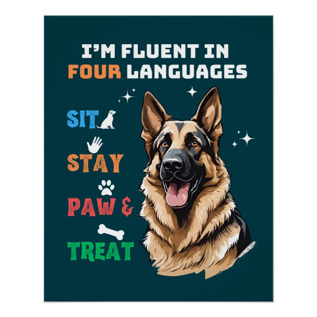 Póster Fluent In Four Languages: Sit, Stay, Paw Y Treat (Anverso)