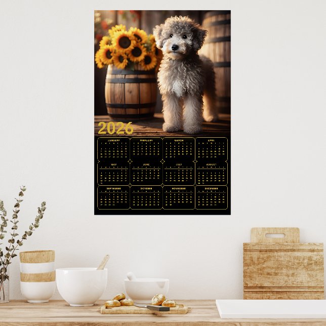 Póster Fluffy Goldendoodle con Girasoles – 2026 Rústico  (Cocina)