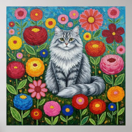 Póster Fluffy Gray Striped Cat with Folk Art Flowers