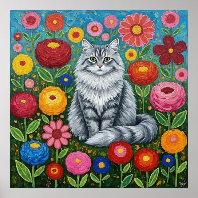 Póster Fluffy Gray Striped Cat with Folk Art Flowers (Frente)