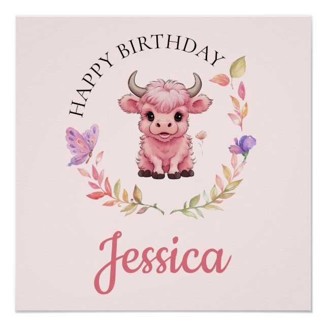 Póster Fluffy Pink Highlands Scottish Cow (Anverso)