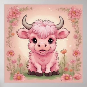 Póster Fluffy Pink Highlands Scottish Cow