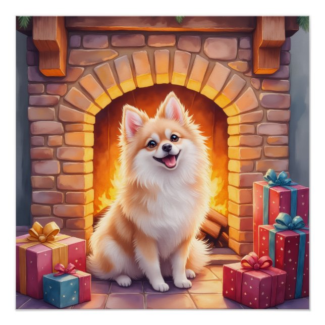 Póster Fluffy Pomeranian Cozy Christmas Fireplace Dog Art (Anverso)