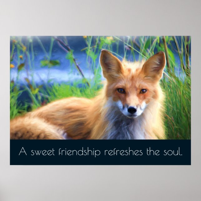 Póster Fluffy Red Fox con la cita de la amistad (Frente)