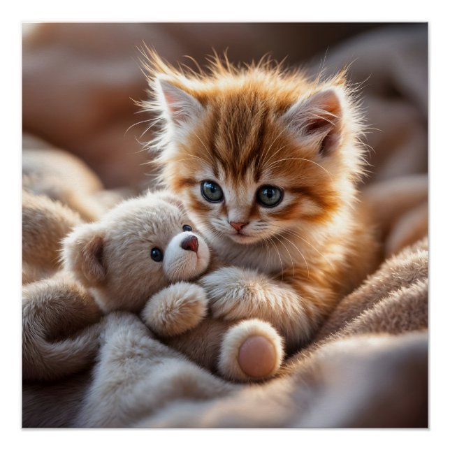 Póster Fluffy red kitten playing with a tiny teddy bear,  (Anverso)