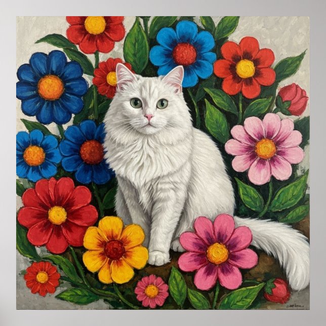 Póster Fluffy White Cat and Folk Art Flowers (Frente)