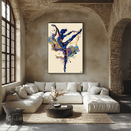 Póster Fluid Ink Ballerina – Blue and Gold Abstract Dance