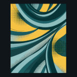 Póster Flujo abstracto dinámico con vibraciones retro<br><div class="desc">Esta imagen presenta un diseño abstracto dinámico y fluido con curvas audaces y patrones geométricos. La paleta de colores es verde azulada, verde oscuro y amarilla, lo que recuerda a un arte pop retro. Los puntos de semitono y las líneas suaves le dan a la composición un sentido de movimiento...</div>