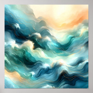 Póster Flujo de Océano Dorado Ondas Abstractas