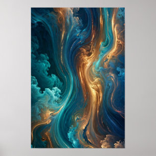 Póster Flujo Dorado Oceánico - Abstracto de Turquesa y Co