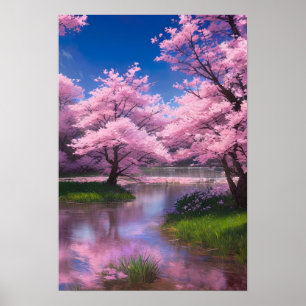 Póster Flujo sereno entre flores de cerezo