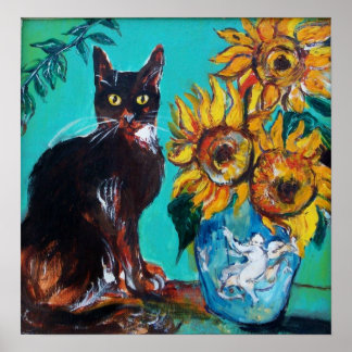 PÓSTER FLUJOS CON GATO NEGRO EN TURQUÍA AZUL