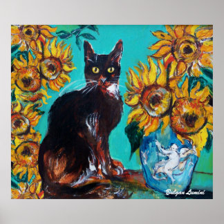 PÓSTER FLUJOS CON GATO NEGRO EN TURQUÍA AZUL