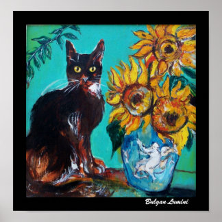 PÓSTER FLUJOS CON GATO NEGRO EN TURQUÍA AZUL