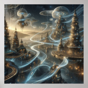 Póster Flujos futuristas de la ciudad espacial Fantasy
