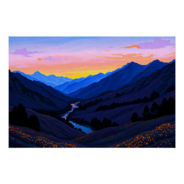 Póster Fluss bei Berghügel am Sonnenuntergangs Abend