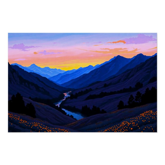 Póster Fluss bei Berghügel am Sonnenuntergangs Abend (Anverso)